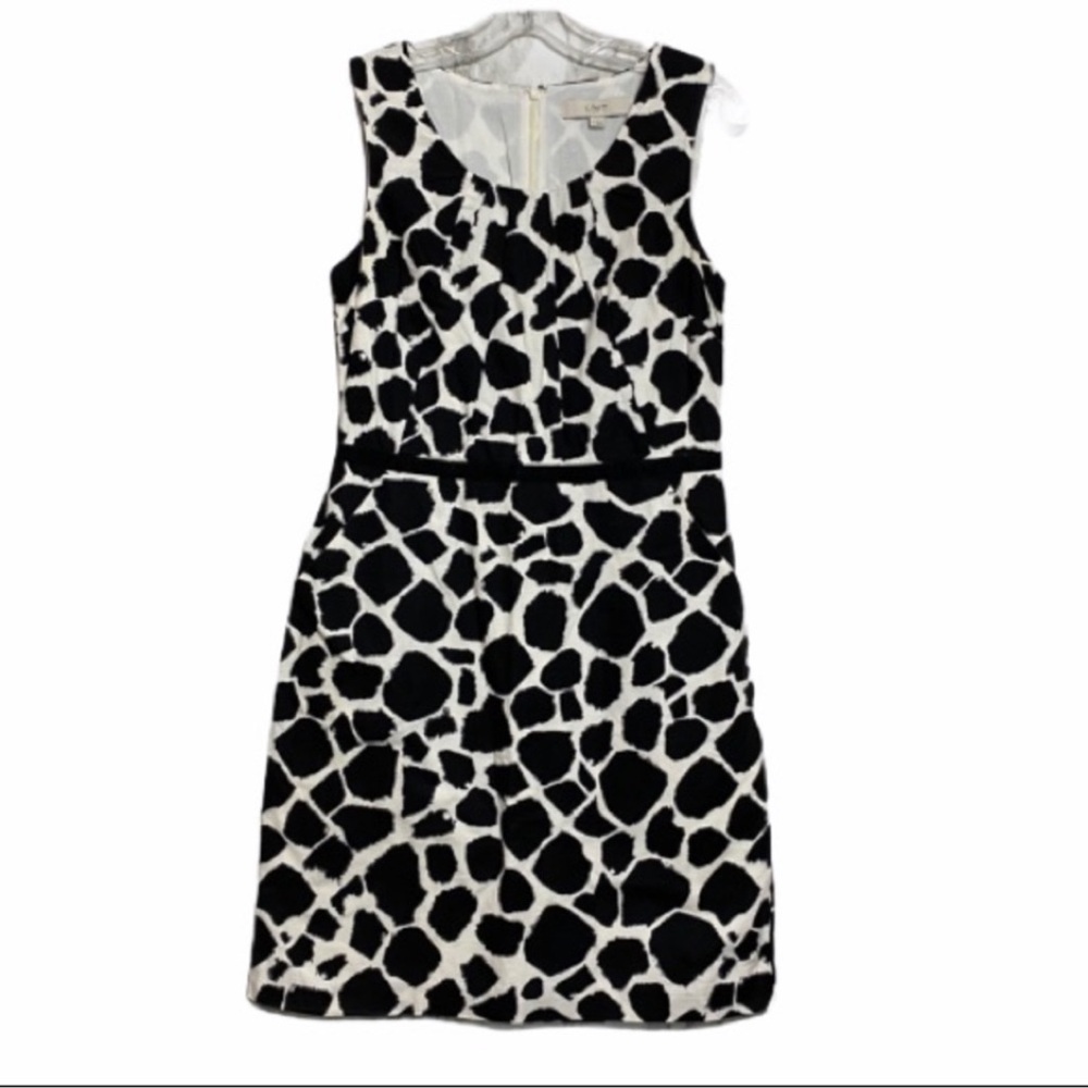 Loft black white animal print sleeveless dress black ribbon at waist size 4